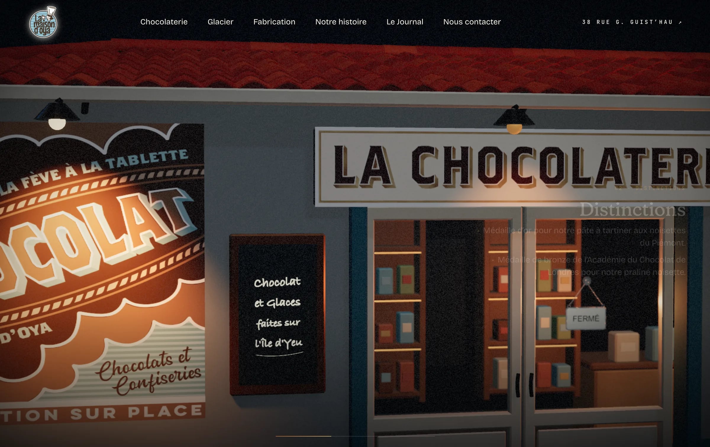Page d’accueil du site La Maison d’Oya : la devanture de la chocolaterie en 3D, de nuit.